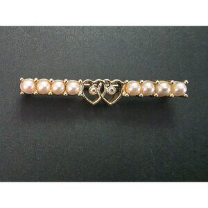 Sarah Coventry Waltz Time Gold Tone Faux Pearl & Rhinestone Heart Bar Pin